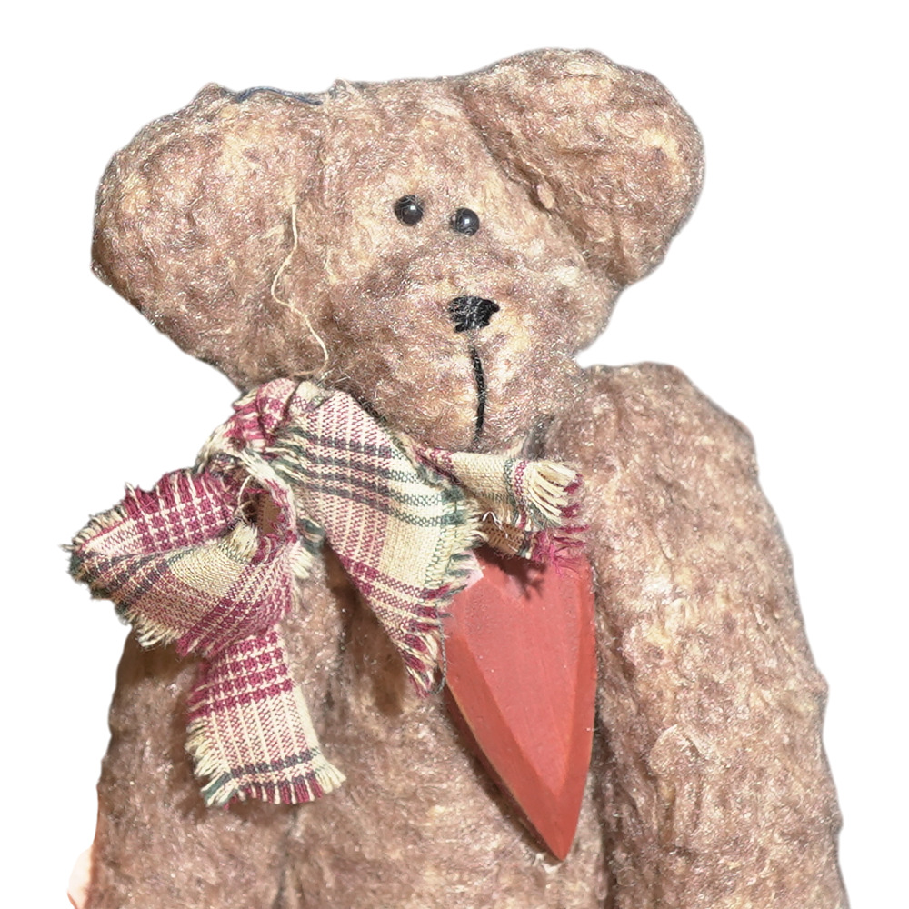 Vintage Brown Teddy Bear Plaid Scarf Wooden Heart Primitive Cottagecore